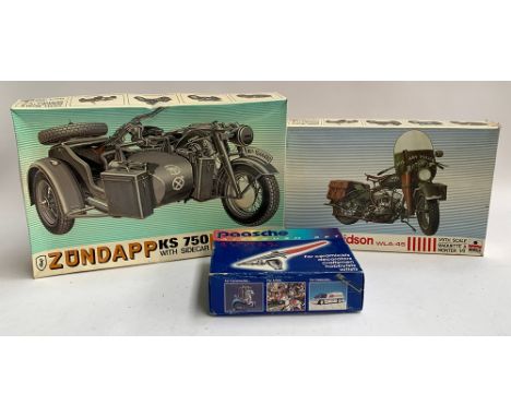 An Esci Zundapp KS 750 with sidecar 1/9 scale model; together with a Harley Davidson WLA 45 1/9 scale model; together with a 