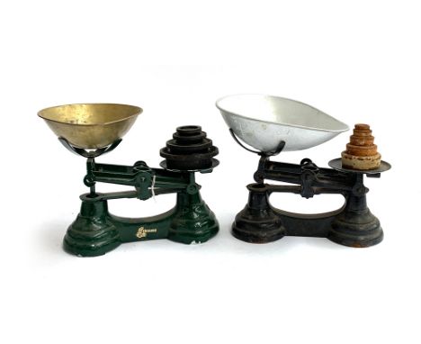 Two sets of vintage kitchen scales, with weights 