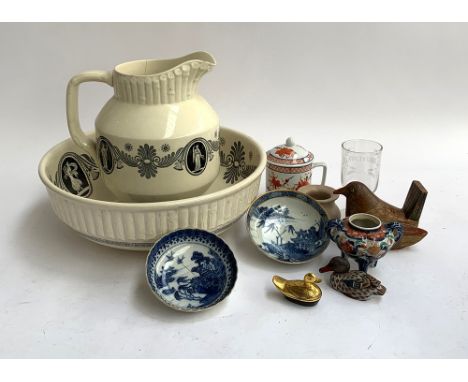 A ceramic washbowl and jug; together with blue and white china, chinese ceramics, wooden ducks, etc 