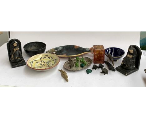 A mixed lot to include ceramic fish platter; resin frog figures; continental studio pottery bowl; plaster figure of an old wo