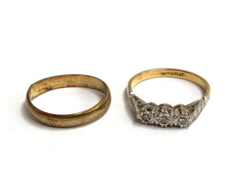 18ct gold and platinum ring with 3 illusion set diamonds, gross weight 3.4g, size P together with a yellow metal band 