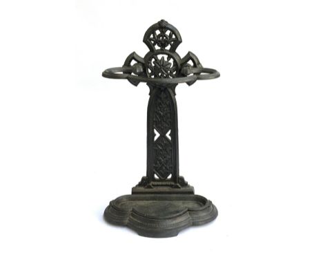 A cast iron Coalbrookdale style stick stand with drip tray, 64cmH 