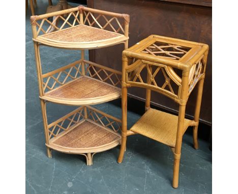 A bamboo three tier corner shelf unit, 76cmH; together with a bamboo bedside table, 30x30x62cmH 