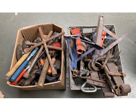 Two boxes of vintage tools, to include a pair of axel stands, rasps, hammers, saws, files and vintage ironmongery 
