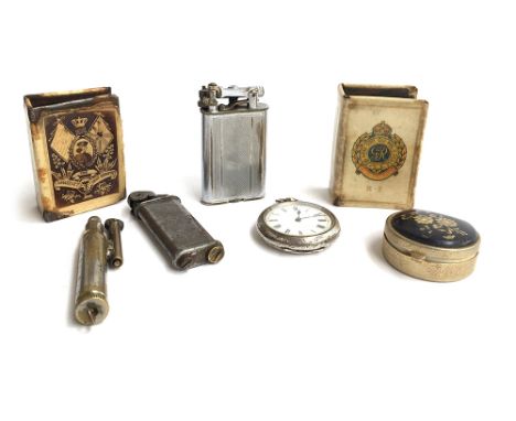 A silver cased fob watch, 4cmD; several lighters; Royal Engineers and Somerset Light Infantry matchbox cases etc 