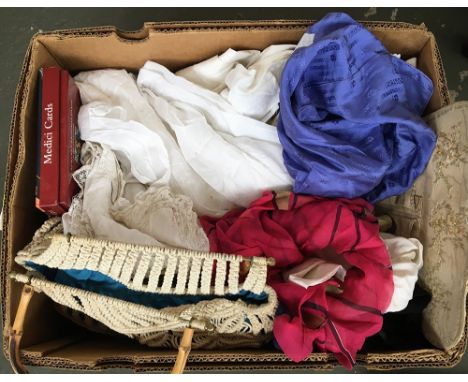 A mixed lot of linen, silk christening dresses, squares, scarves, crochet handbag etc; together with other interesting textil