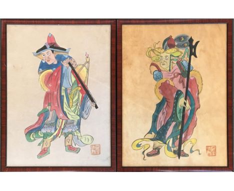 A pair of hand painted Chinese figures, pen and colour wash on unbleached paper, artist's seal to lower right, 38x28cm 