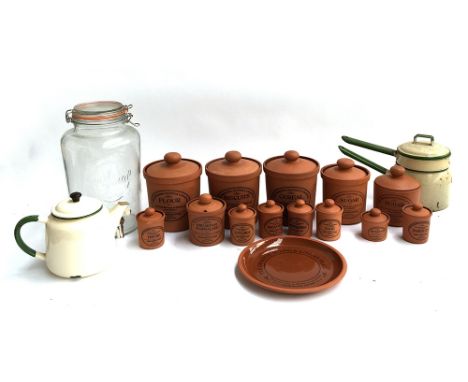 A quantity of 'The Original Suffolk' kitchen canisters; together with a 'Judge' enamel sauce pan etc 
