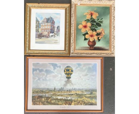 C Easton, 1963, still life of flowers, oil on canvas; together with a signed architectural watercolour study; and a print aft