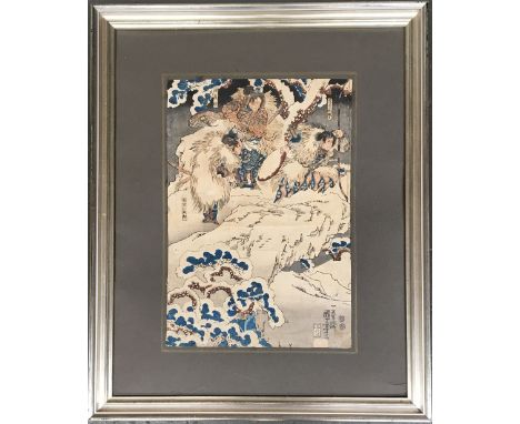 A Japanese woodblock print depicting samurai in a winter scene, 35.5x24.5cm 