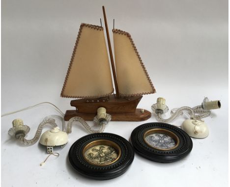 A mixed lot to include lamp in the form of a ship, 48cmH; together with a pair of vintage glass wall sconces; a pair of circu