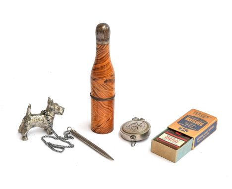 Beech wood cigarette holder case in a bottle form with a white metal top containing the holder, a novelty one penny 1937 coin