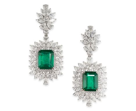 A PAIR OF EMERALD AND DIAMOND CLUSTER DROP EARRINGS Post and clip fittingsStep-cut emeralds, approximate total 10.95 carats  