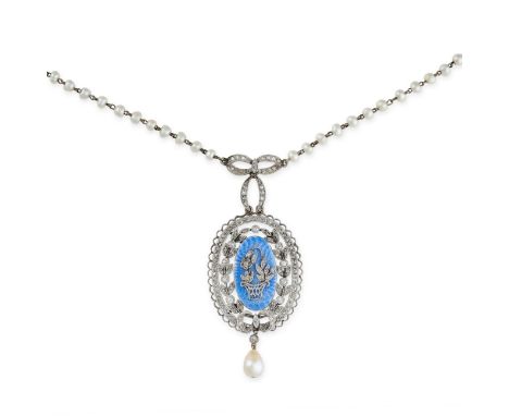 A BELLE EPOQUE DIAMOND, PEARL AND ENAMEL PENDANT NECKLACE Ribbon tied as a bow and foliate motifs Circular and rose-cut diamo