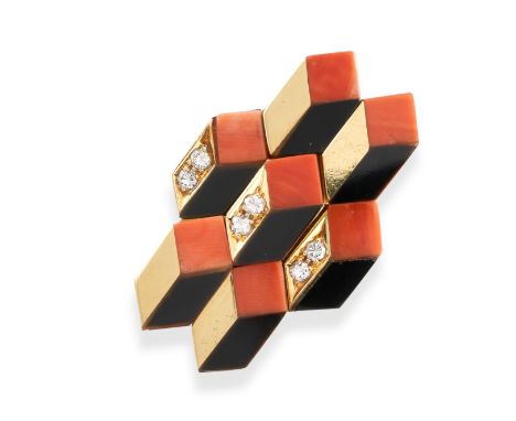 A VINTAGE ITALIAN MODERNIST CORAL, ONYX AND DIAMOND RING, 1980S Geometric layered tiled design, inlaid with stone marquetryPo