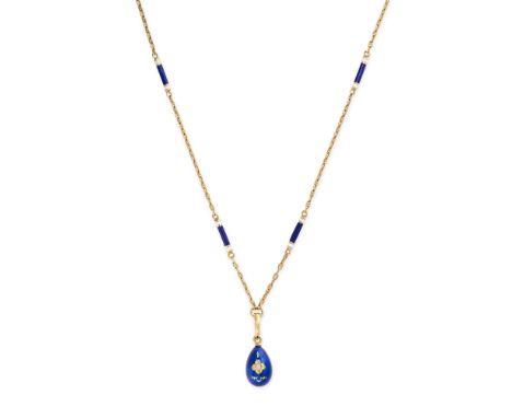 FABERGE, AN ENAMEL AND DIAMOND EGG PENDANT NECKLACE Egg pendant on a marine link chain with enamelled baton links Blue guillo