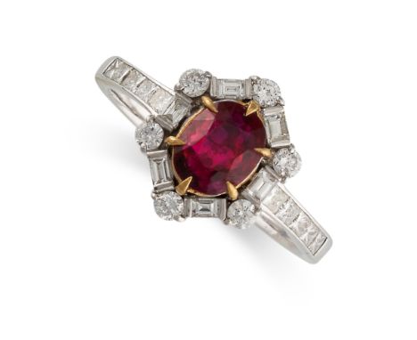 A BURMA NO HEAT RUBY AND DIAMOND CLUSTER RING Oval ruby, 1.02 caratsGemmological report, GRS, Burma (Myanmar) origin, pigeon'