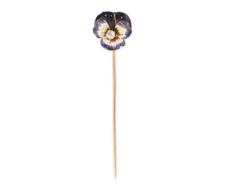 TIFFANY & CO, AN ANTIQUE DIAMOND AND ENAMEL PANSY STICK PIN, CIRCA 1890 Cushion-shaped diamond Purple, white and yellow ename