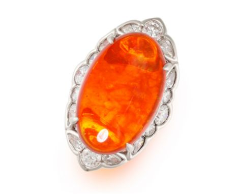 AN EXCEPTIONAL FIRE OPAL AND DIAMOND NAVETTE-SHAPED CLUSTER RING Oval cabochon fire opal, approximately 21.10 carats Brillian