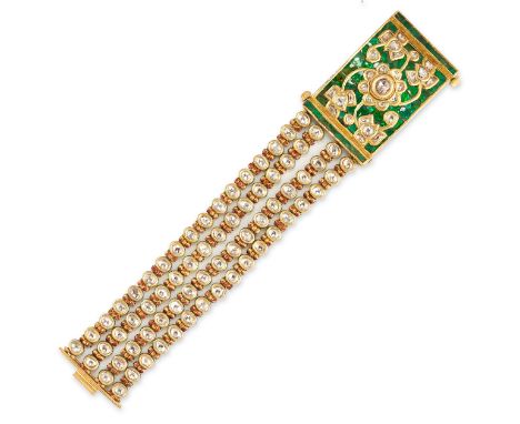 AN INDIAN ENAMEL AND DIAMOND BRACELET Front set with green foiled glass mosaic, the back with a design of a bird in a tree in