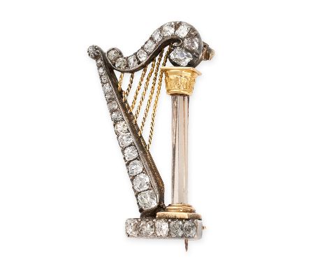 A RARE VICTORIAN ROCK CRYSTAL AND DIAMOND HARP BROOCH, LATE 19TH CENTURYRope twist strings, gold column capital, mounted in s