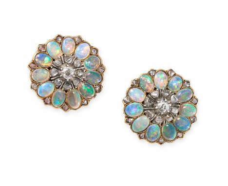 A PAIR OF ANTIQUE OPAL AND DIAMOND FLORAL STUD EARRINGS Post fittings Cushion-shaped and rose cut diamonds Oval cabochon opal