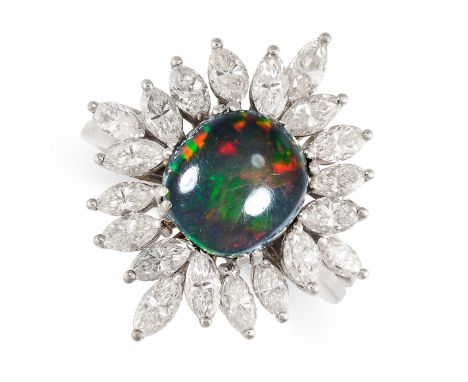 A BLACK OPAL AND DIAMOND DRESS RING Cushion shaped cabochon black opal weighing approximately 2.15 carats Marquise cut diamon