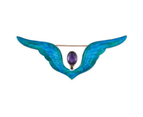 ATTRIBUTED TO CHILD AND CHILD, AN ANTIQUE AMETHYST AND ENAMEL WING BROOCHDetachable amethystOval-cut amethyst Blue and green 