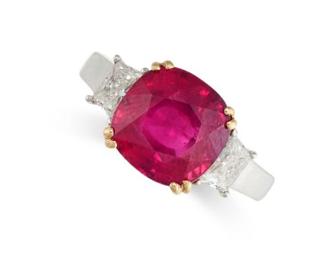 AN UNHEATED RUBY AND DIAMOND RING Cushion-cut ruby, 5.16 carats Trapezoid diamonds, 0.52 carats Gemmological report, no indic