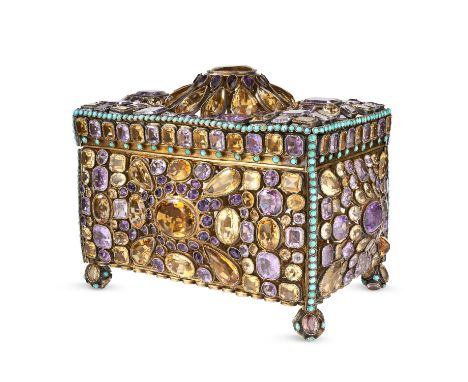 A JEWELLED JEWELLERY BOX / CASKET Rectangular, open framework casket with hinged lid Oval, pear-shaped, circular and step-cut