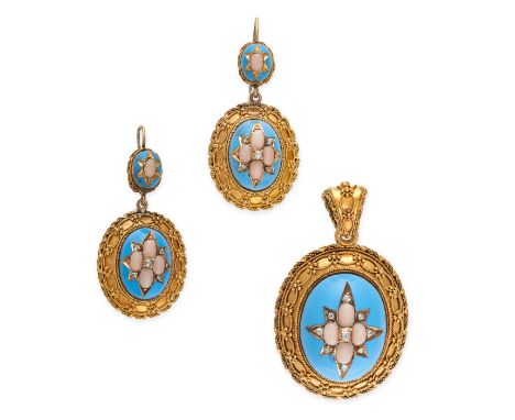 AN ANTIQUE ARCHAEOLOGICAL REVIVAL STYLE CORAL, BLUE ENAMEL AND DIAMOND LOCKET PENDANT AND EARRINGS SUITE, MID 19TH CENTURY Th