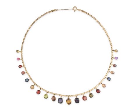 A VINTAGE GEM-SET FRINGE NECKLACE, MID 20TH CENTURY Box link chain Cushion-shaped multicoloured sapphires Cushion-shaped zirc