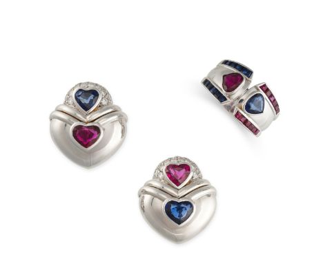 A SAPPHIRE, RUBY AND DIAMOND DEMI-PARURE Pair of clip earrings and ring Heart, pear and calibré-cut sapphires Heart, pear and