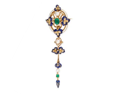 A FINE ANTIQUE COLOMBIAN EMERALD, NATURAL PEARL, ENAMEL AND DIAMOND BROOCH, MID 19TH CENTURYArticulated pampille pendantOctag