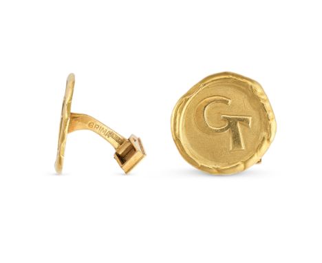 ANDREW GRIMA, A PAIR OF VINTAGE GOLD CUFFLINKS, 1973 Textured circular faces, with combined initials GT Signed GRIMA British 