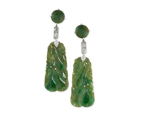 A PAIR OF NATURAL JADEITE JADE AND DIAMOND EARRINGS, EARLY 20TH CENTURY  Later post fittingsCabochon jadeite Carved plaques o