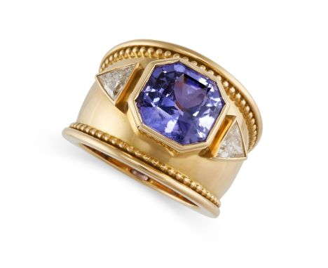 AN UNHEATED COLOUR CHANGE SAPPHIRE AND DIAMOND RING Step-cut colour-change sapphire, 6.48 caratsGemmological report (facsimil