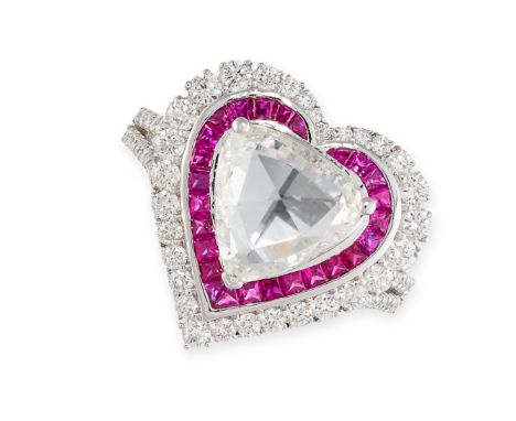 A DIAMOND AND RUBY HEART-SHAPED TARGET RING Triangular rose-cut diamond, 2.10 carats, foiled settingBrilliant-cut diamonds, a