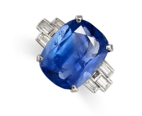 A VINTAGE SAPPHIRE AND DIAMOND RING, MID 20TH CENTURY Cushion-shaped blue sapphire, approximately 12.00 carats Step-cut diamo