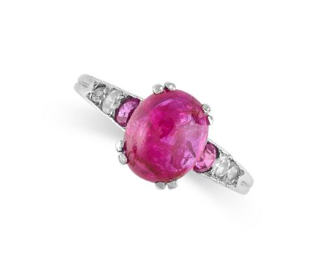 AN ART DECO RUBY AND DIAMOND RING, FIRST HALF 20TH CENTURY Cabochon ruby, approximately 2.40 carats Circular-cut rubies Circu
