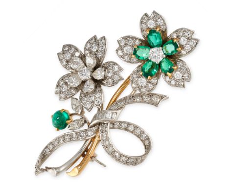 RETAILED BY CARTIER, A VINTAGE EMERALD AND DIAMOND FLOWER SPRAY BROOCH, 1960SDesigned as two flowers tied with a ribbon Caboc