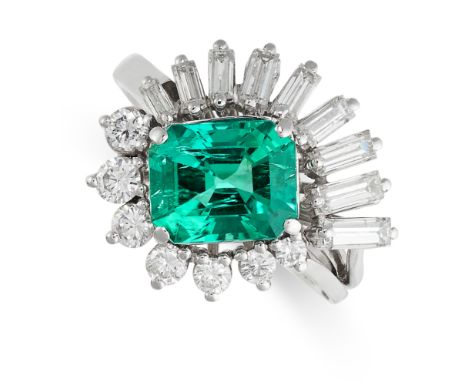 AN EMERALD AND DIAMOND ABSTRACT CLUSTER RING Step-cut emerald, 2.43 carats Baguette and brilliant-cut diamonds, approximate t