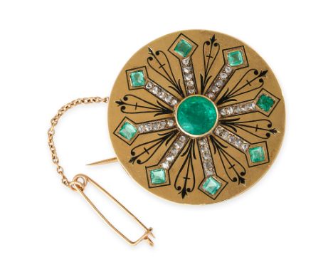 AN ANTIQUE EMERALD, DIAMOND AND ENAMEL BROOCH, FRANCE, LATE 19TH CENTURYCircular form with radiating designCircular and step-