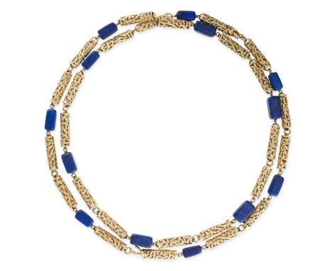 A VINTAGE LAPIS LAZULI NECKLACE, THIRD QUARTER 20TH CENTURY Elongated pierced gold batons Polished lapis lazuli beads Stamped
