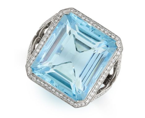 AN AQUAMARINE AND DIAMOND COCKTAIL RING  Step cut aquamarine, approximately 27.40 carats Brilliant-cut diamonds  No assay mar