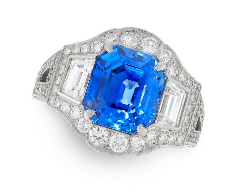 A FINE CEYLON NO HEAT SAPPHIRE AND DIAMOND RING Step-cut sapphire, 7.24 caratsGemmological report, Ceylon (Sri Lanka) origin,