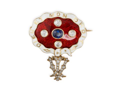 AN ANTIQUE SAPPHIRE, DIAMOND AND ENAMEL BROOCH, LATE 19TH CENTURY Monogram pendant 'VI' Oval-cut sapphire, approximately 0.74