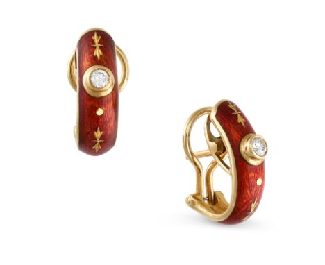 FABERGE, A PAIR OF ENAMEL AND DIAMOND HALF HOOP EARRINGS Post and clip fittings Red guilloché enamel Brilliant-cut diamonds, 