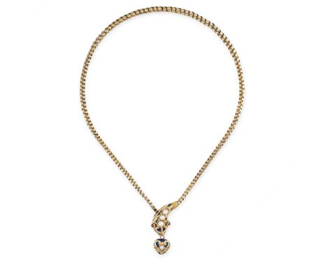 AN VICTORIAN PEARL, GARNET AND ENAMEL SNAKE NECKLACE, 19TH CENTURYDesigned as a snake suspending a heart pendant Glass locket