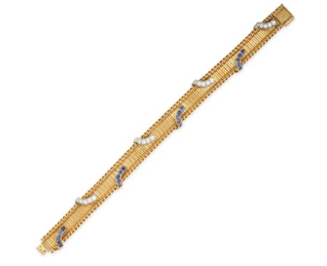 A VINTAGE SAPPHIRE AND DIAMOND BRACELET, 1960S Scrolling accents Circular-cut sapphiresBrilliant-cut diamonds, approximate to